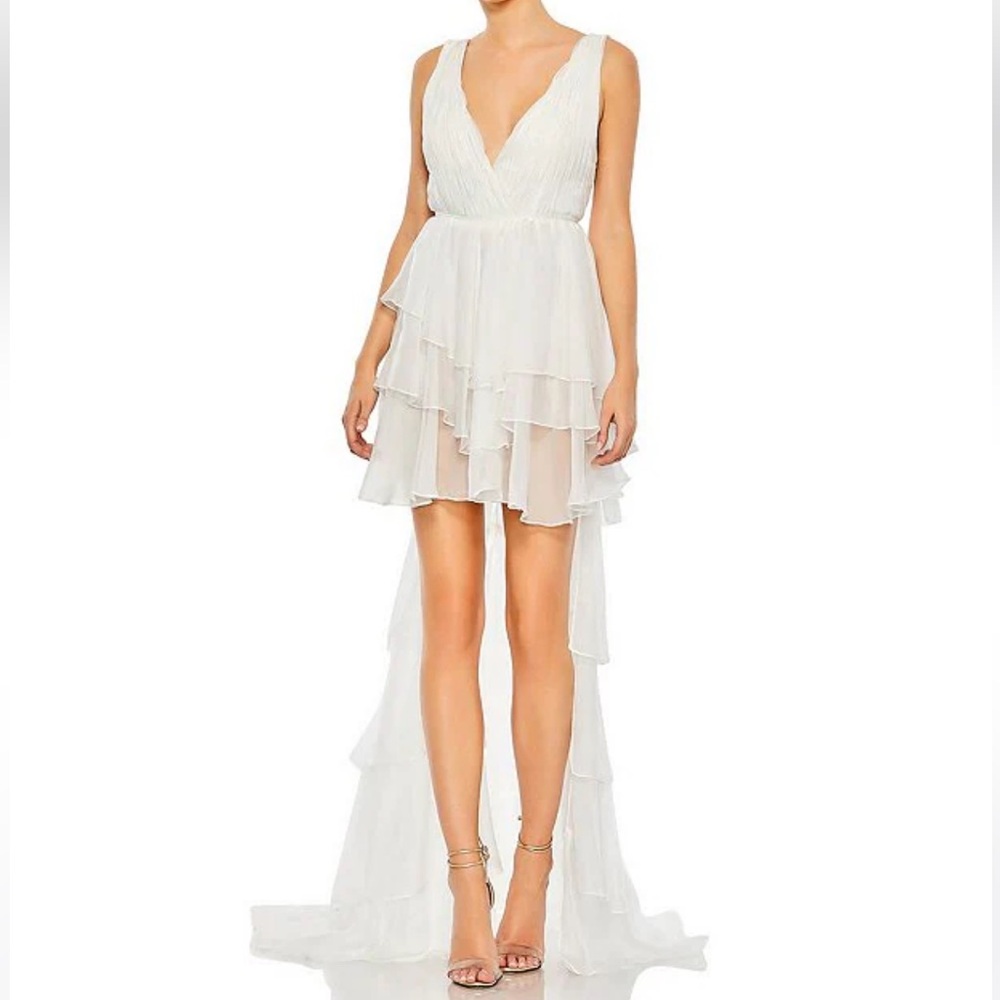 Mac Duggal White High-Low V-Neck Gown - Picture 2 of 3